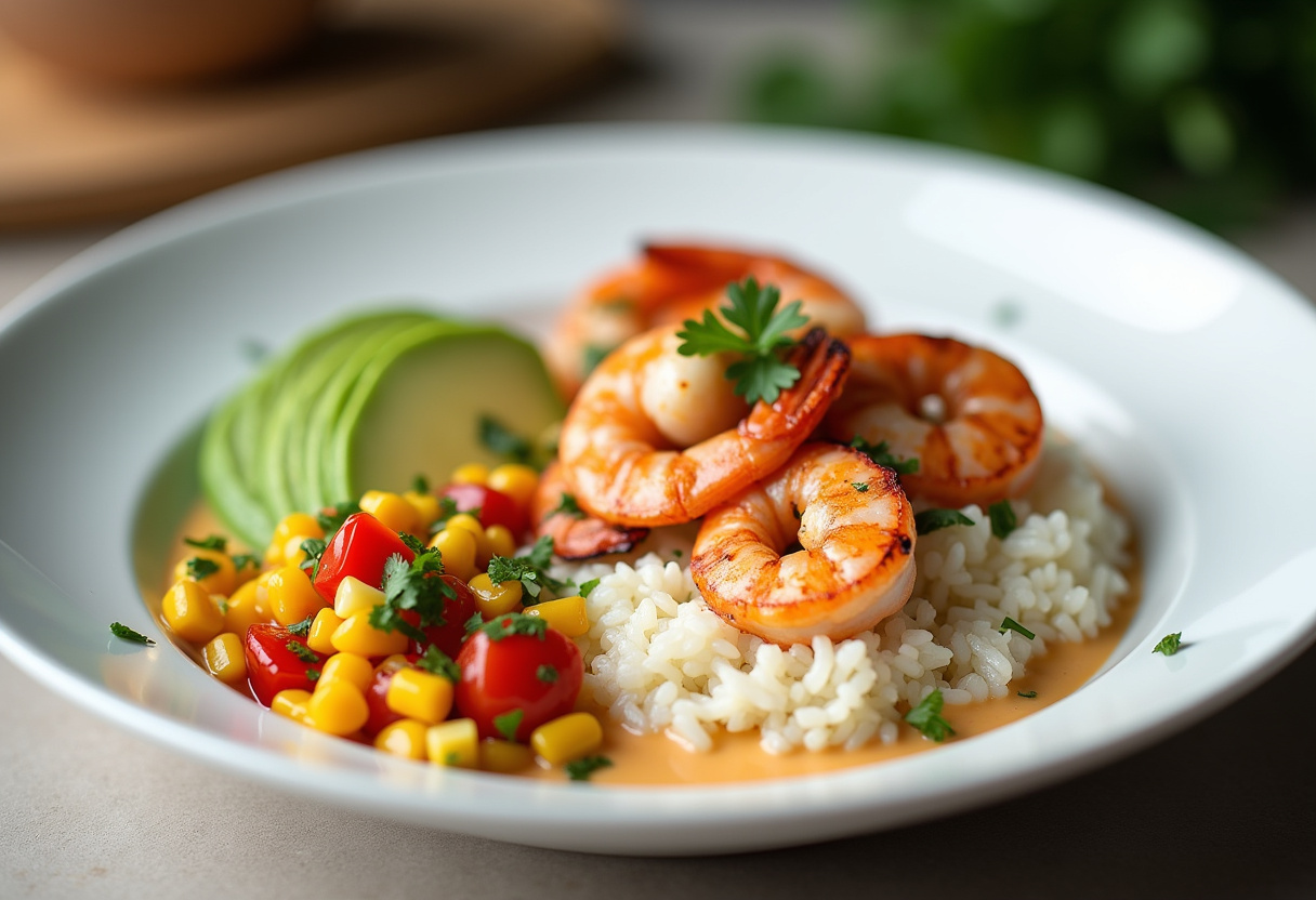 Grilled Shrimp Bowl With Avocado, Corn Salsa & Creamy Sauce Recipe