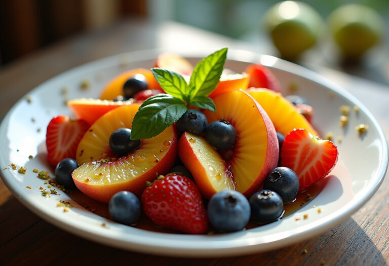 Honey Lime Basil Peach Fruit Salad Recipe