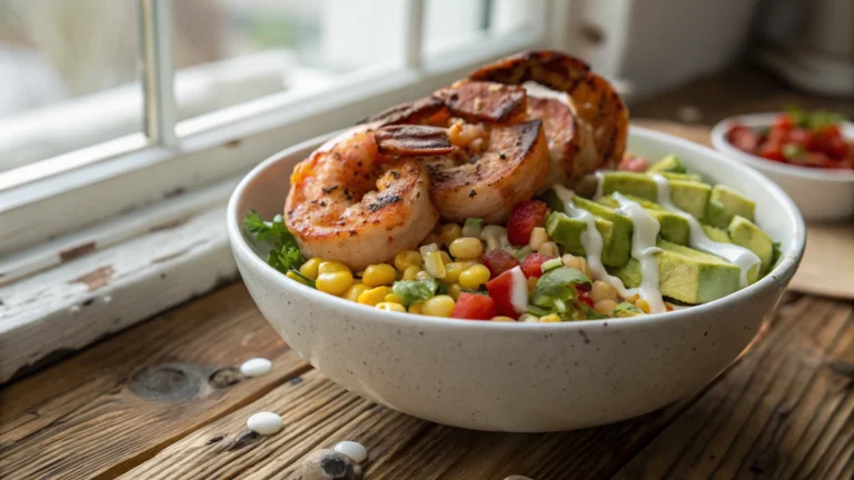 Grilled Shrimp Bowl With Avocado Corn Salsa and Creamy Sauce Recipe