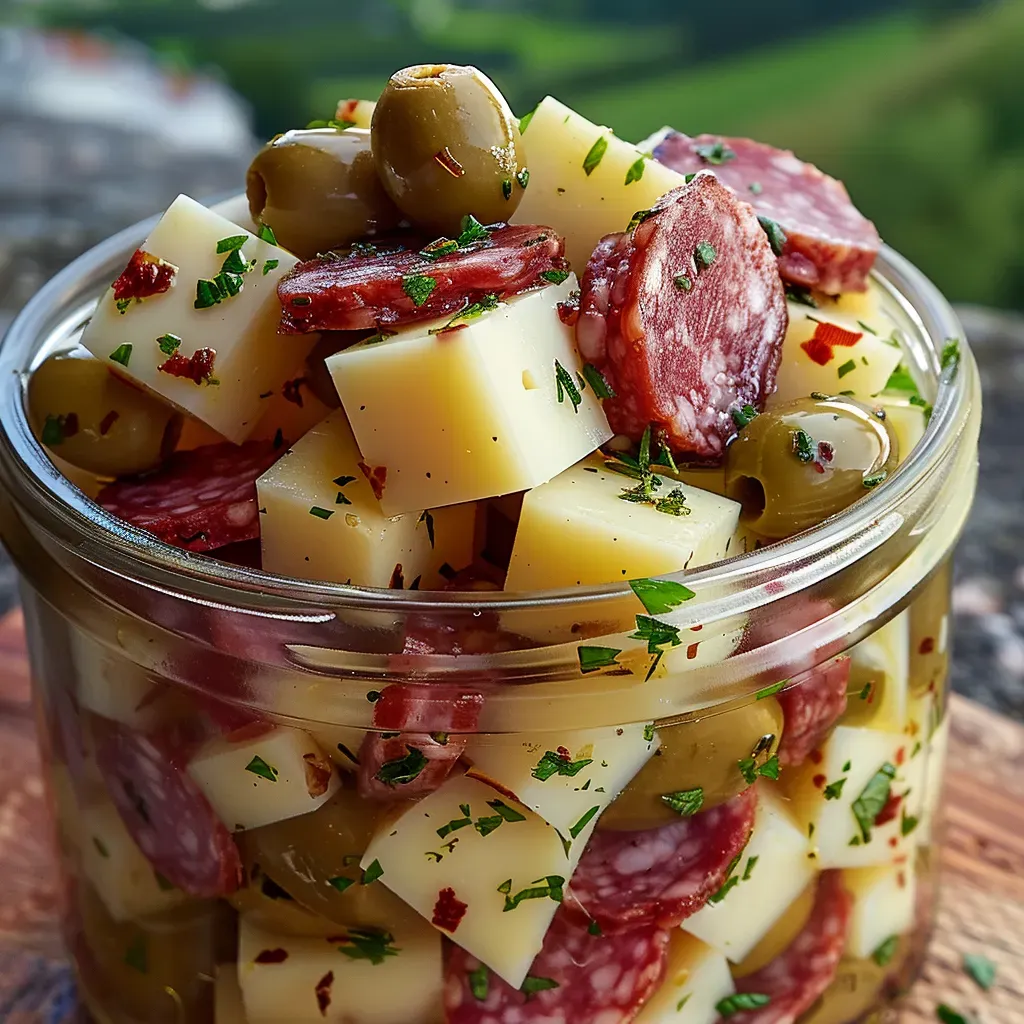 Delicious Marinated Cheese Appetizer with Salami & Pickles